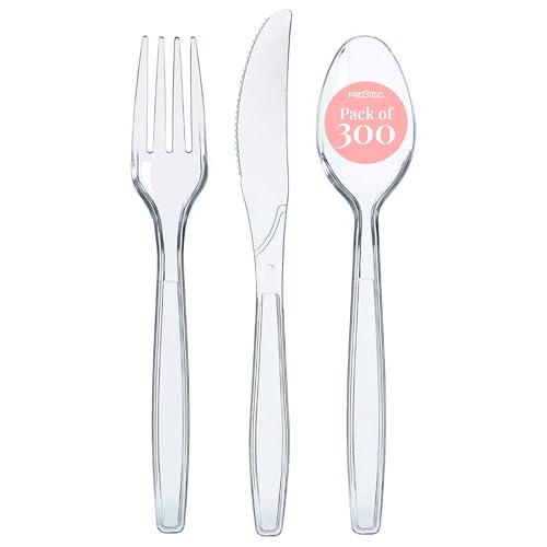 Prestee 300-Piece Plastic Cutlery Set - 100 Each of Clear Plastic Forks, Knives, Spoons - Heavy Duty Silverware for Parties - Disposable Utensils for Weddings and Buffets