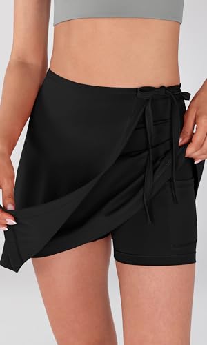 ODODOS Wrap Skorts for Women Built-in Shorts High Waist Tennis Skirts with Pockets for Casual Athletic Golf, Black, Small