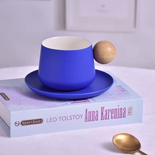 Koythin Ceramic Coffee Mug with Saucer Set, Cute Creative Cup with Round Wooden Handle Design for Office and Home, 10 oz/300 ml for Latte Tea Milk (Bright Blue)