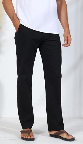 Soojun Men's Casual Linen Blend Relaxed Fit Straight Legs Elastic Waist Pants, Yellow Khaki, 36W x 30L