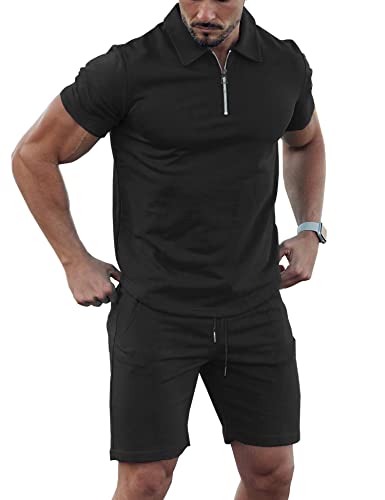 URRU Men's Polo Short Sleeve T Shirt and Shorts Set Summer 2 Piece Outfit Royal Blue M