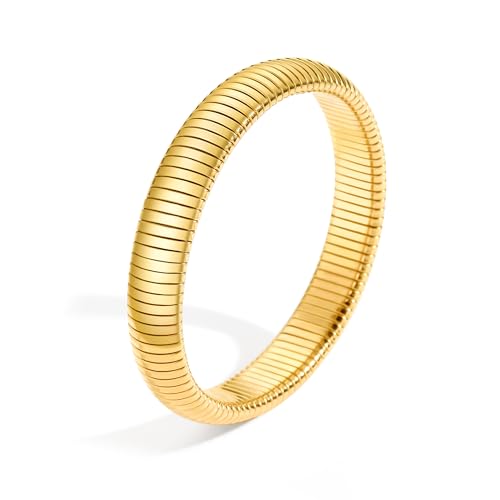 Women Gold Jewelry Stainless Steel 18K Gold Plated Bold Wristband Gold/Silver Bangles and Necklace Stretch Link Chain Bracelet for Women, Flexible Wide Gold Wristband Bangle Bracelets, 12mm, 16mm, 20mm (Bangle 12mm Silver)