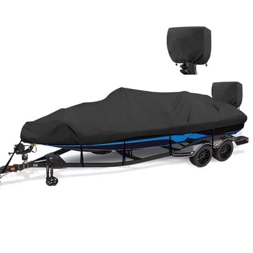 YimSting Boat Cover 14-15.8 ft feet 1200D Waterproof Boat Covers with Motor Cover Fits Bass Boat, V-Hull Tri-Hull Boat,Fish & Ski Boat, Runabout Bowrider Boat, 14' 15' Foot,Heavy Duty Canvas Black