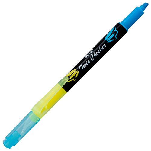 Pentel Twin Checker Dual-tip Highlighter, Chisel Tip, Yellow/Blue Ink, Pack of 12 (SLW8-GS)