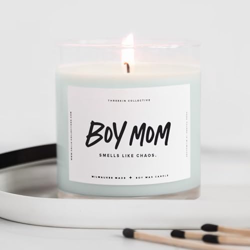 ThreeKin Scented Candles for Boy Mom, Natural Soy Wax Candles for Home, Relaxing Aromatherapy for Moms, Driftwood Essential Oils with a Hint of Chaos, Long Lasting Candle Burns for 75 Hours