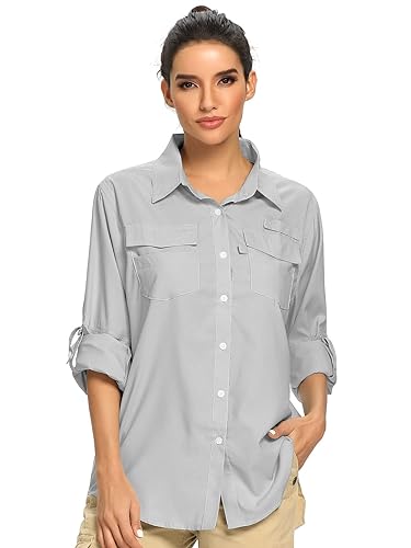 Women's Fishing Shirt UPF 50 Hiking Shirt SPF Quick Dry Long Sleeve Shirt Sun Protection Button Up,F5026,Grey,XS