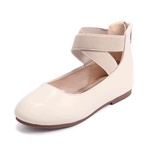 Hehainom Girls Dress Shoes Toddler Little Kids Gracy Ballet Mary Jane Ballerina Flats with Elastic Ankle Strap Beige Pu