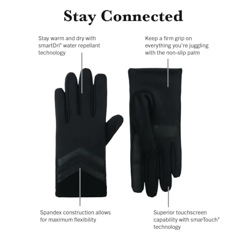 isotoner Women's Spandex Gloves with Chevron and Rib Knit Detail, Touchscreen Compatible Soft Gloves for Women, Features Pull-on Closure, Fleece Lining, Water Repellent, Black, Small/Medium