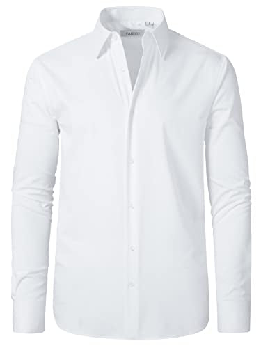 FAHIZO Men's Dress Shirt Regular Fit Soild Business Formal Long Sleeve Button Up Stretch Shirts, White, 16.5 Neck 34"-35" Sleeve(L)