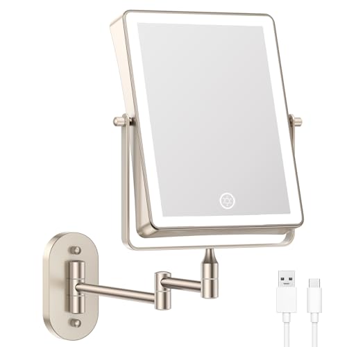 FASCINATE Rechargeable Wall Mounted Makeup Mirror, Bathroom Mirror Rectangle 8.7 Inch Double Sided 1X 10X Magnifying, 3 Color Setting, Extended Arm 360° Swivel Foldable Nichel