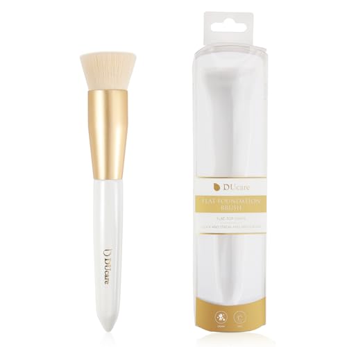 DUcare Foundation Brush for Liquid Makeup, Flat Top Kabuki Synthetic Professional Makeup Brushes Liquid Blending Powder Buffing Stippling Concealer Makeup Brush，White/Gold
