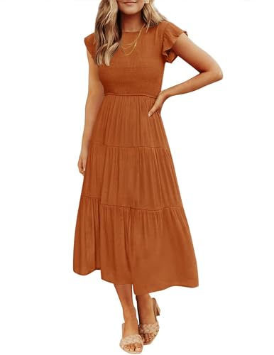 ZESICA Women's 2024 Summer Casual Flutter Short Sleeve Crew Neck Smocked Elastic Waist Tiered Midi Dress,Light Khaki,X-Small