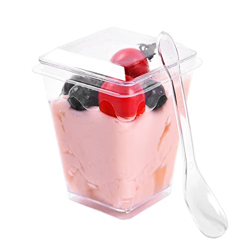 Jutoarts 50 Pack 5oz Small Reusable Serving Dessert Cups with Lid and Spoon, Square Fruit Cups, Clear Plastic Parfait Appetizer Cup, For All Kinds of Parties.