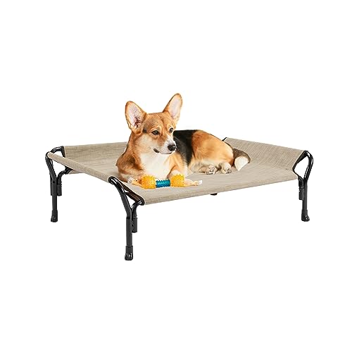 Veehoo Medium Elevated Dog Bed, Guardrail, Non-Slip, Teslin Mesh, 35"L x 26"W x 11"H, Beige Coffee