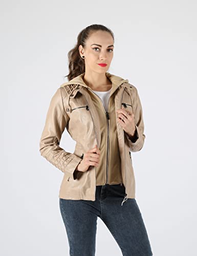 Tanming Women's Womens Hooded Faux leather Jackets (X-Small, Apricot)