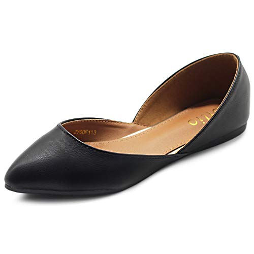 Ollio Women's Shoes Faux Leather Slip On Comfort Light Pointed Toe Ballet Flats F113 (6 B(M) US, Black)