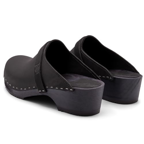 Sandgrens Handmade Swedish Wood Clogs for Women, Low Heel Mule US 5 | Tokyo Navy Nubuck LT, EU 36