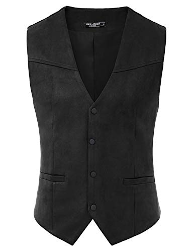 PJ PAUL JONES Men's Suede Leather Suit Vest Casual Western Wedding Vest Jacket Slim Fit Vests Waistcoat Black S
