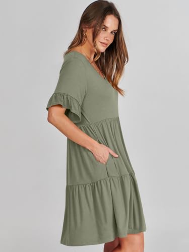 ANRABESS Women's 2024 Summer Trendy V Neck Ruffle Short Sleeve A Line Tiered Flowy Casual Mini Beach Dress with Pockets Deep Green Medium