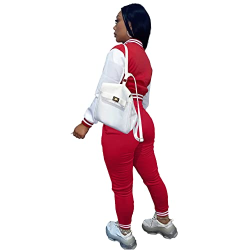 KELOVEPAN Casual Sweatsuits Women 2 Piece Sets Long Sleeve Patchwork Button Down Bomber Varsity Jackets Pants Set Sexy Black S