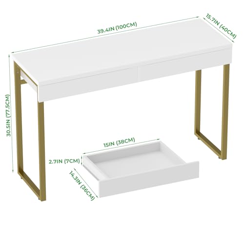 GreenForest Vanity Desk with 2 Drawers,39 inch White Desk with Glossy Desktop Easy Clean,Makeup Dressing Table with Metal Gold Legs for Home Office Small Spaces,Bedroom