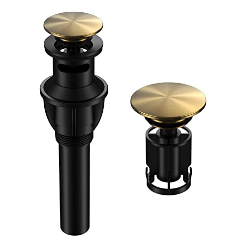 Bathroom Sink Drain with Overflow, Hurran Universal Bathroom Sink Stopper for Bathroom Vanity Vessel Sink, Rapid Draining Plastic Pop-up Sink Drain with Hair Catcher Anti-Clog Strainer, Brushed Gold