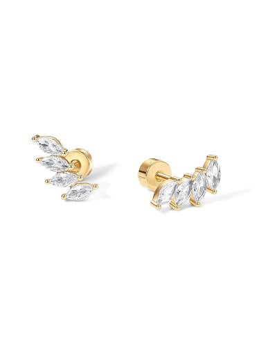 PAVOI 14K Yellow Gold Plated Sterling Silver Post Navette CZ Crawler Flat Back Earrings for Women | Small Cartilage Cubic Zirconia Stud Earring | Helix Piercing Jewelry