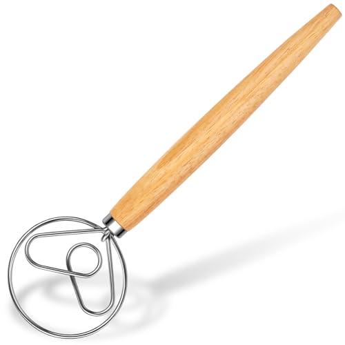 Maxjoy Danish Dough Whisk Wooden Bread Whisk with Stainless Steel Dough Hook - Traditional Dutch Whisk - Dough Mixer Hand Tool & Sourdough Bread Making Tools and Supplies