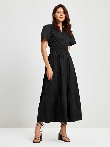 ShallWe Women's Basic Plain Black Summer Dress Casual Long Maxi Short Sleeve Layered Cotton V Neck A Line Fashion Travel