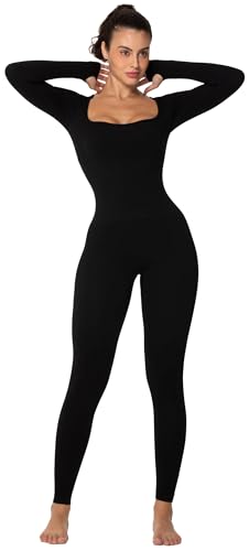 Sunzel Long Sleeve Bodysuits One Piece Jumpsuit for Women with Square Neck and Butt Scrunch Leggings Seamless Ribeed Rompers (28" Inseam, Small, Black)