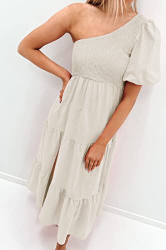 ZESICA Women's 2024 Boho Summer One Shoulder Short Sleeve Smocked Side Split Ruffle Swing Midi Dress White