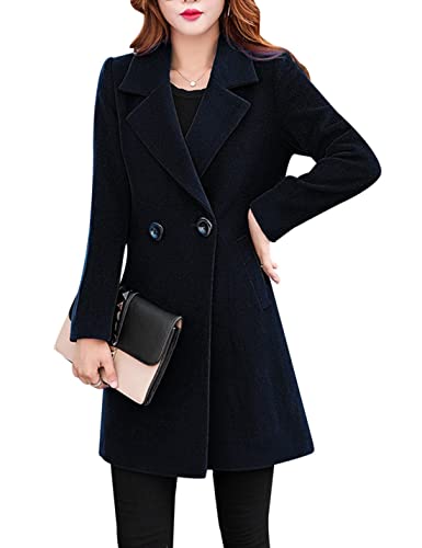 Tanming Womens Elegant Notched Collar Button Wool Blend Solid Long Pea Coat Overcoat (Black-S)