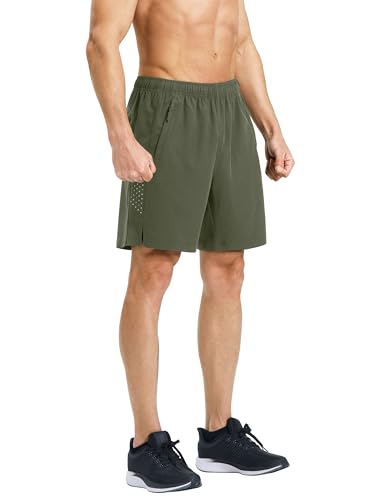 S Spowind Men’s Running Athletic Shorts 7 Inch Quick Dry Lightweight Workout Gym Tennis Shorts 3 Zipper Pockets Army Green