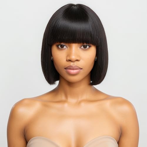 BAOHUKE 10 Inch Yaki Straight Bob Wig With Bangs Human Hair Glueless 2x1 Closure HD Lace Short Black Bob Wigs With Bang Human Hair Ready to Go 180% Density For Black Women