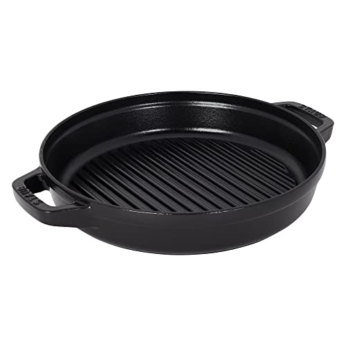 STAUB Cast Iron Set 4-pc, Stackable Space-Saving Cookware Set, Dutch Oven, Skillet, Grill Pan & Ceramic Baking Dish Set, 3pc, Cherry