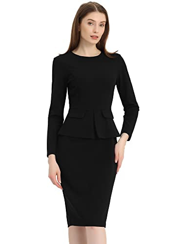 Allegra K Women's Bodycon Dresses Round Neck Long Sleeve Casual Work Outfits Peplum Sheath Dress Small White