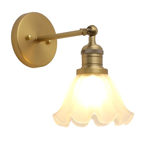 PERMO Milk White Glass Wall Sconce Lamp Single Antique Bronze Sconce Lighting Fixture with Lotus Leaf Shape Shade