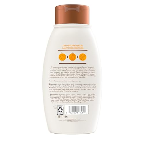 Aveeno Apple Cider Vinegar Sulfate-Free Conditioner for Balance & High Shine, Daily Moisturizing & Scalp Soothing Conditioner for Oily or Dull Hair, Paraben & Dye-Free, 12oz