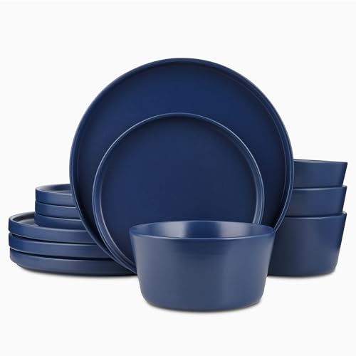 Stone Lain Celina Modern Stoneware 24-Piece Dinnerware Set, Dinner and Salad Plates, Soup Bowls, Dish set for 8, Blue