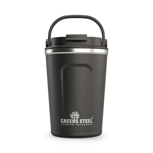 Greens Steel Insulated Coffee Mug Reusable – 350 ml, Black I Thermos Cup with Handle Lid I Stainless Steel Hot Cold Drinks Waterproof Tea Coffee Ice Drink
