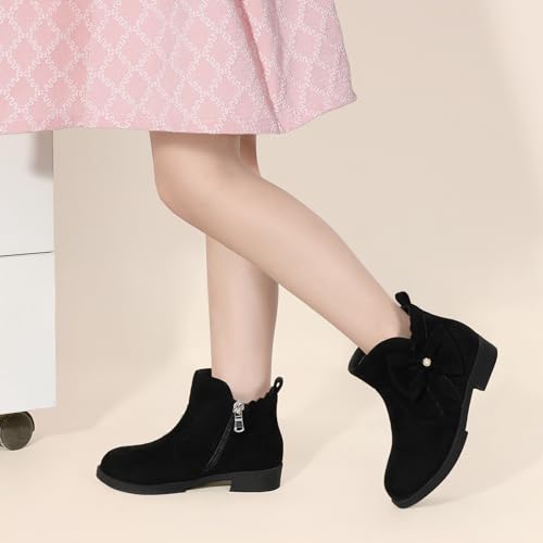 PANDANINJIA Toddler/Little Kid Girl's Clara Fashion Short Ankle Boots Pearls Bow Dress Booties with Zipper (White Pu, 3 Little Kid)