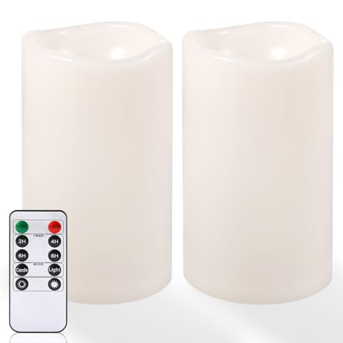 NURADA 6" x 4" Large Outdoor Flameless Candles - Waterproof LED Pillar Flickering Candle Battery Operated with Timer Remote Control for Patio Porch Lanterns Decor - Long Lasting Set of 2