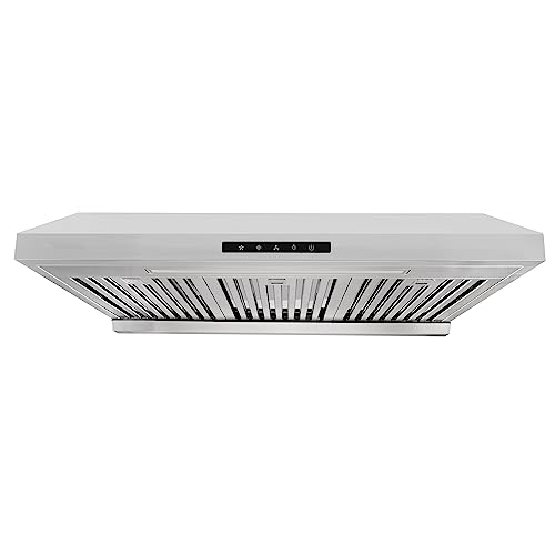 Vesta Arlington 850 CFM Powerful 30 Inch Under Cabinet Range Hood With Seamless Stainless Steel Body, Twin Turbo Motors, 3 Speed Touch Screen, Delay Shutoff, Round Vent, LED Lights, Oil Collector