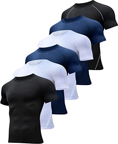 HOPLYNN 5 Pack Compression Shirts Men Short Sleeve Rash Guard Base Layer Athletic Undershirt Gear T-Shirt for Sports Workout 2 Black 2 White 1 Blue X-Large