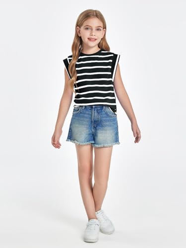 Haloumoning Girls Cap Sleeve T Shirts Summer Striped Tank Tops Tees 4-14 Years Purple