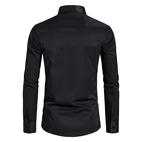 VANCOOG Men's Solid Long Sleeve Interview Formal Fashion Tuxedo Shirt Camisas De Vestir para Hombres-Black-S