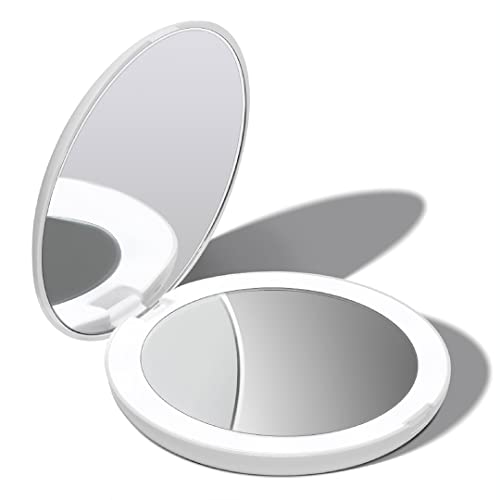 Fancii LED Lighted Travel Makeup Mirror, 1x/10x Magnification - Daylight LED, Compact, Portable, Large 5" Wide Illuminated Folding Mirror (Lumi) Silk White