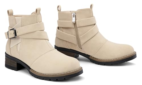 Jeossy Women's 9007A Ankle Casual Chelsea Boots, Fashion Low Heel Booties, Beige, Size 6M US-with Size Zip(DJY9007A Beige 06)