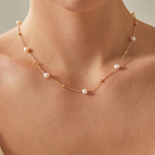 VRIUA Pearl Necklaces for Women, Gold Pearl Necklace 14k Gold Plated Dainty Pearl Necklace Everyday Minimalist Gold Necklace for Women