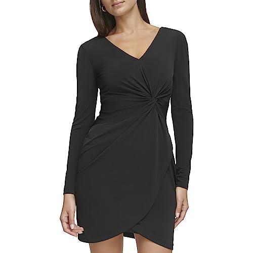 GUESS Women's Knot Detail Fitted Long Sleeve V-Neck Dress, Navy